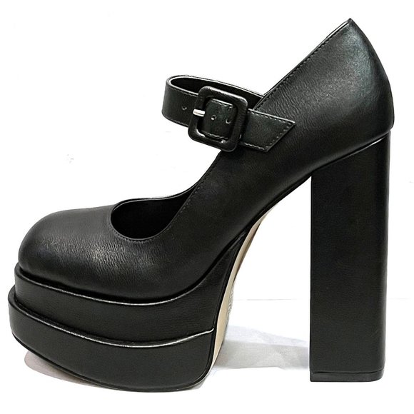 Black Double Platform Mary Jane Platform Chunky Heel Pumps - Picture 2 of 2